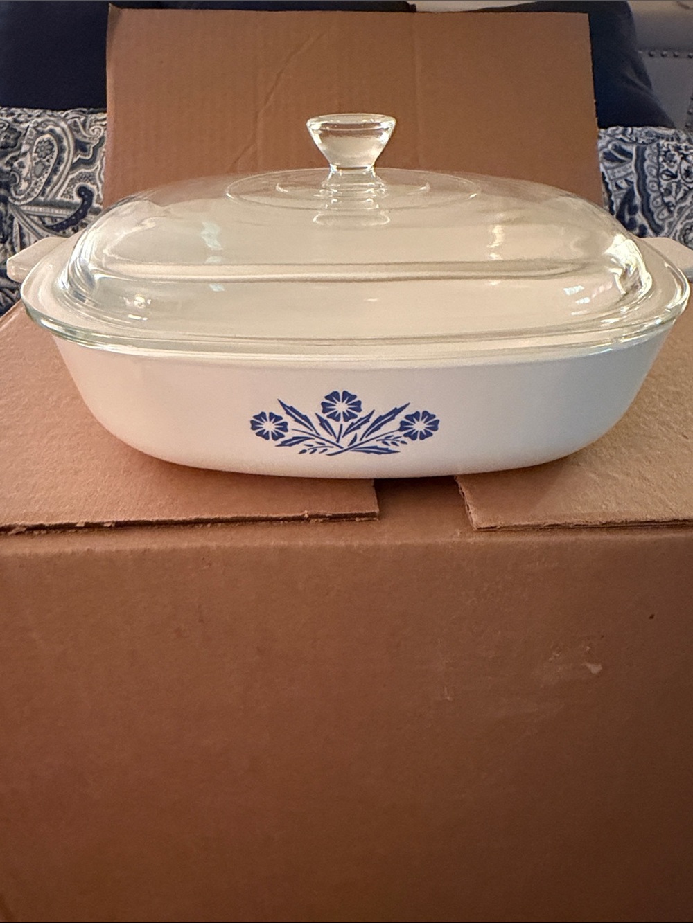 Corningware White Casserole Dish with Blue Floral Pattern and Glass Lid